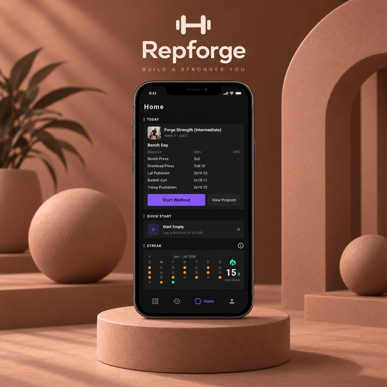 RepForge strength-training app shown across phone screens.