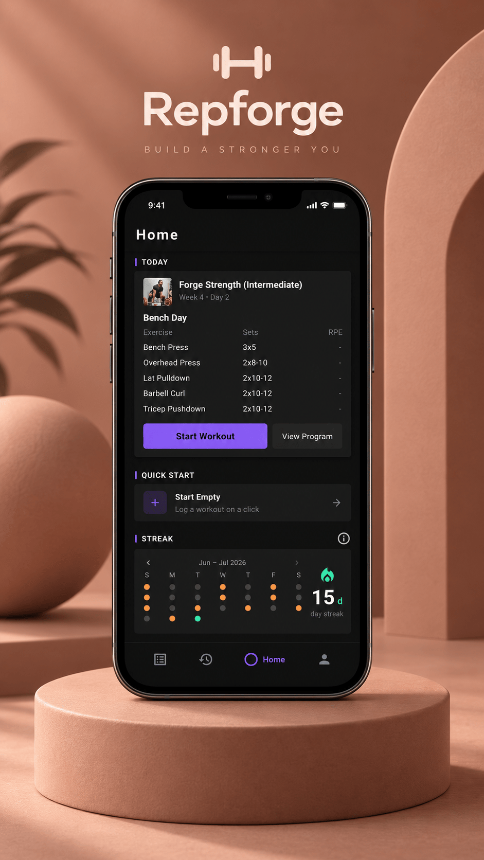 RepForge strength-training app shown across phone screens.