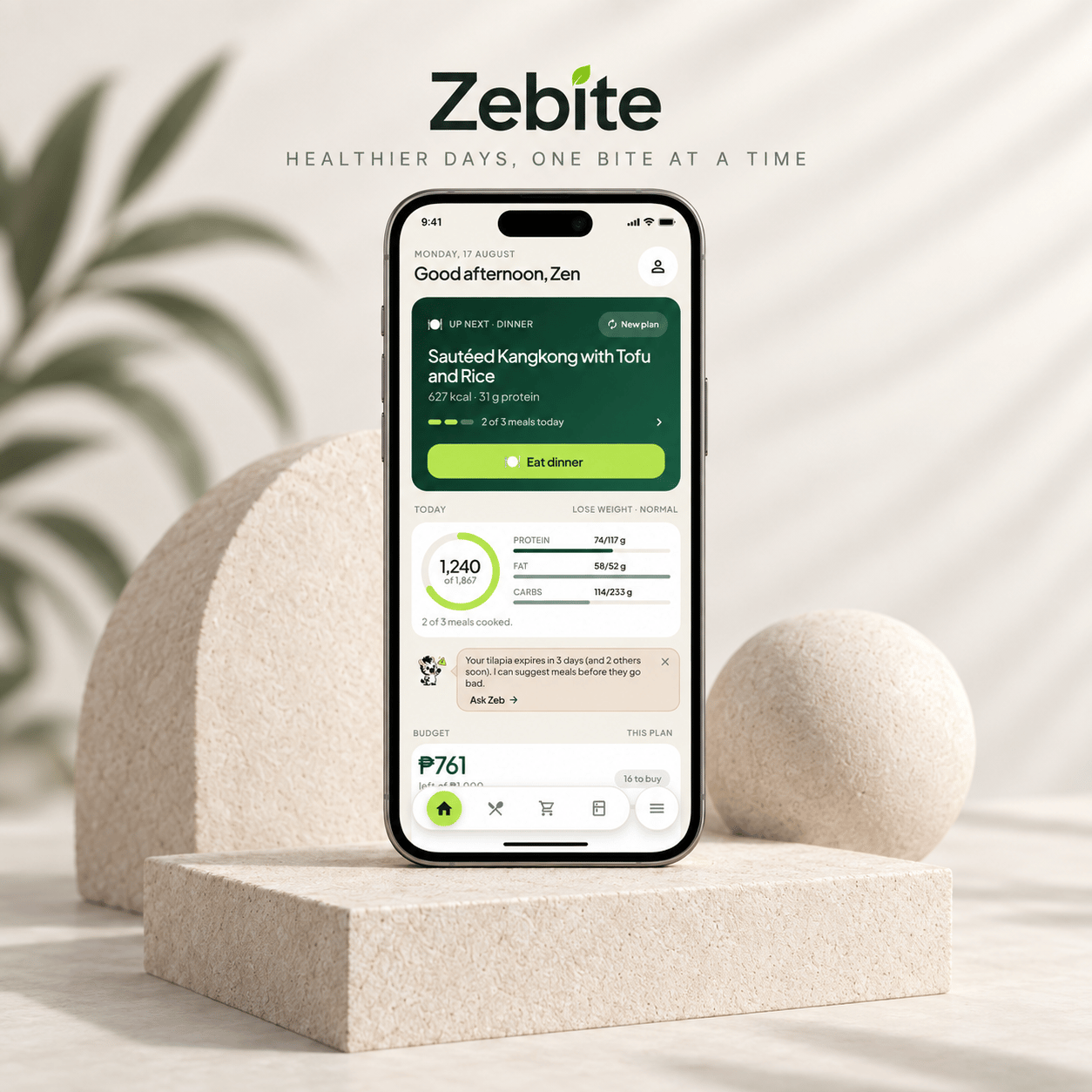 Zebite grocery-planning app shown across phone screens.