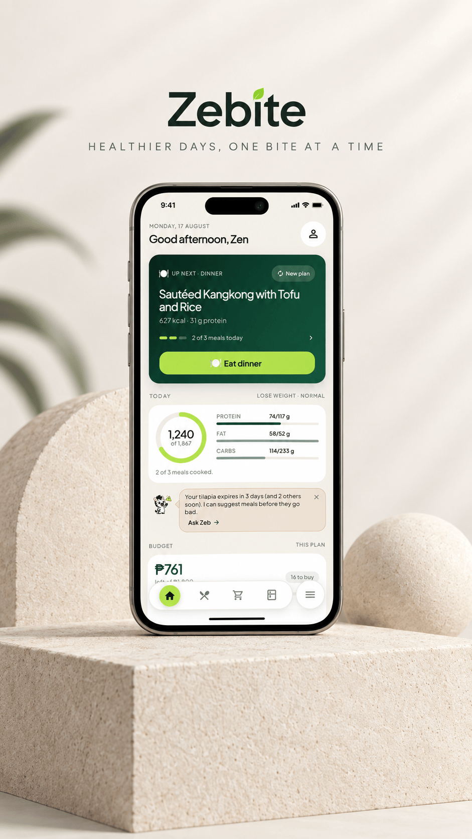 Zebite grocery-planning app shown across phone screens.