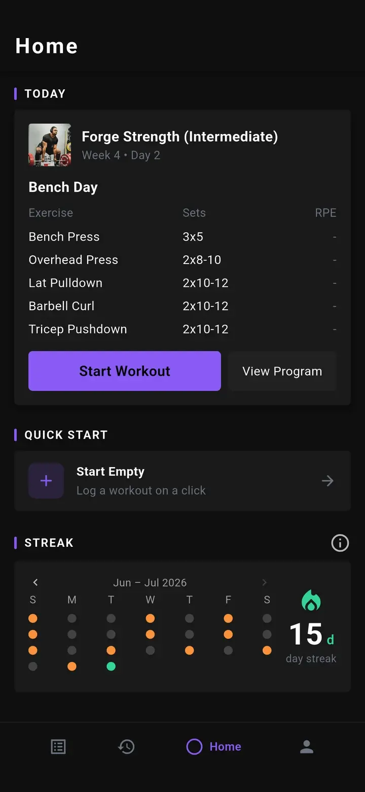 Forge home screen showing today's Bench Day session from Forge Strength, a quick-start tile, and a 15 day streak calendar.