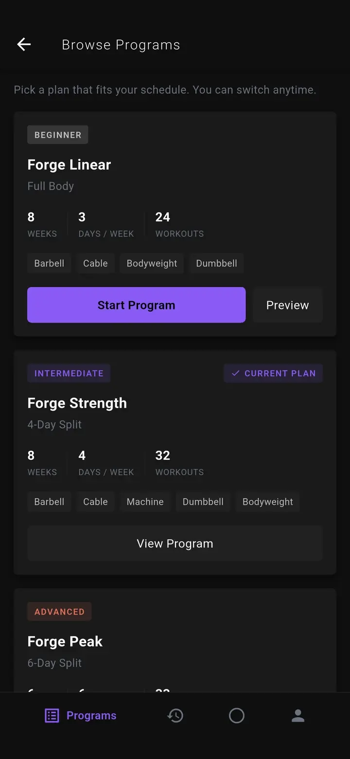 Browse Programs list with Forge Linear, Forge Strength and Forge Peak, each showing weeks, days per week and total workouts.