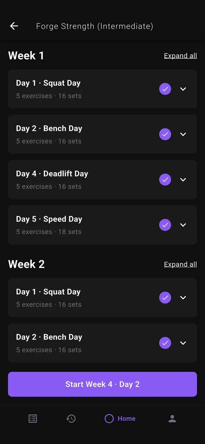 Forge Strength program broken into weeks and days, with a Start Week 4 Day 2 button.