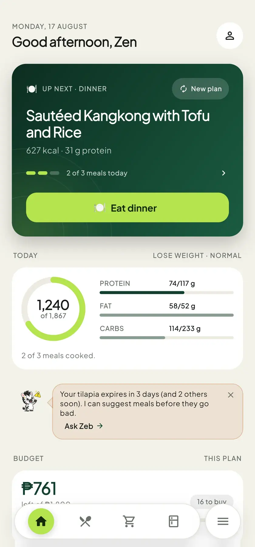 Zebite home screen: Zeb flagging food that expires soon, today's three planned meals with calories, and daily macro targets.