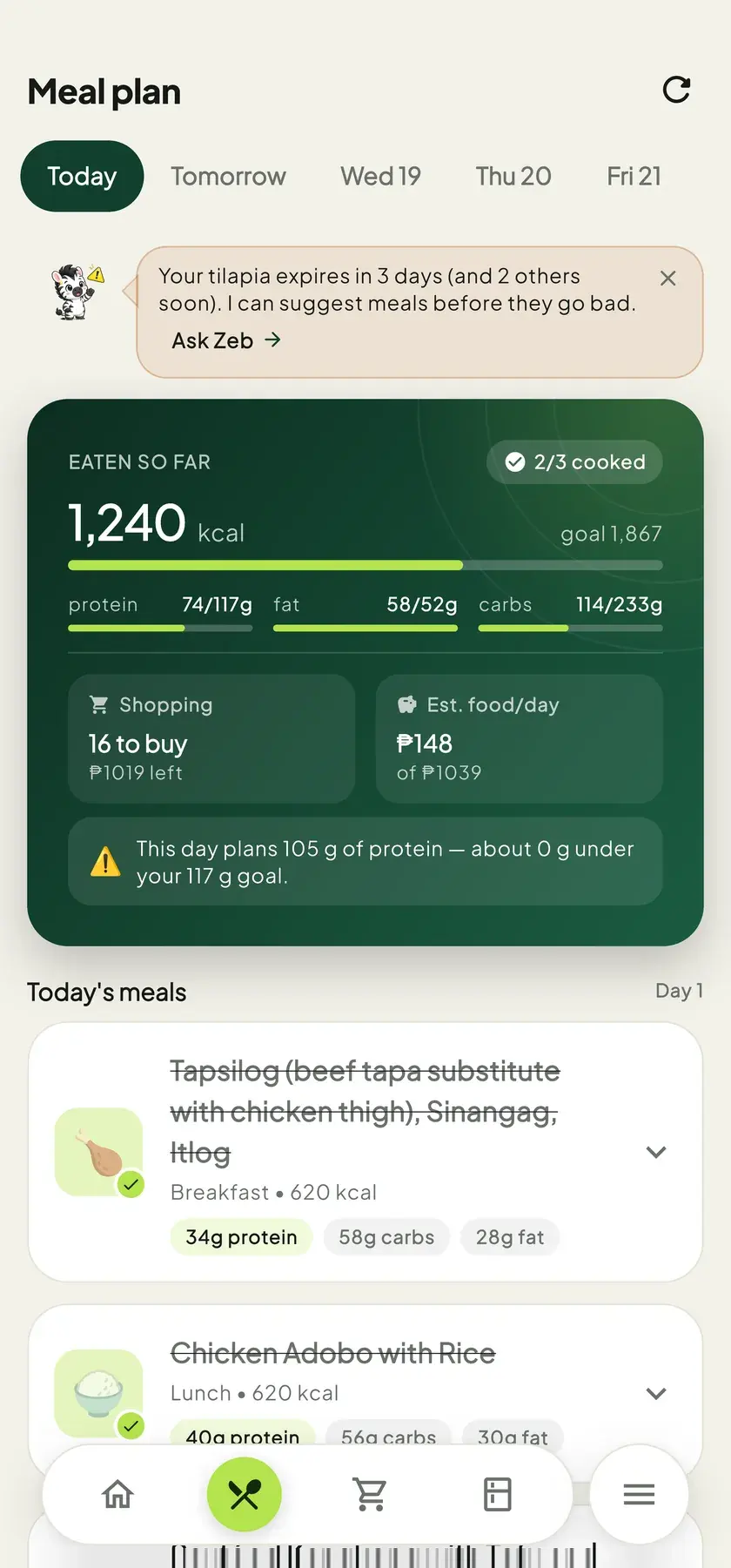 Five-day meal plan with calories and macros eaten so far, a shopping and daily food-cost summary, and today's meals.