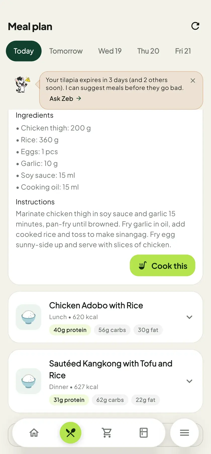 A recipe generated for one of the planned meals, with its ingredient list and macros.