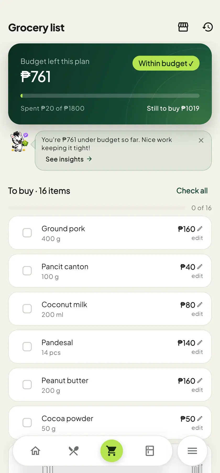 Grocery list showing the budget left this week with a Within budget badge, three items to buy with prices, and the items already owned.